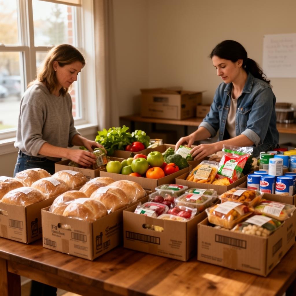 Community partners organizing local food into recovery boxes